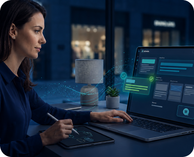 Marketer reviewing AI-generated campaign content on a laptop.